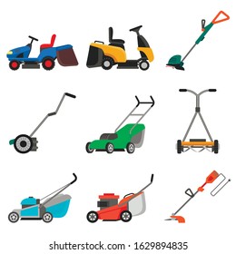 Lawnmower icons set. Flat set of lawnmower vector icons for web design