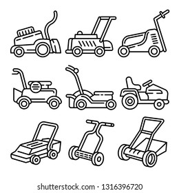 Lawnmower icons set. Outline set of lawnmower vector icons for web design isolated on white background