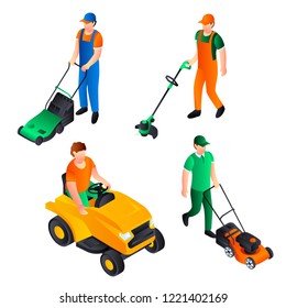 Lawnmower landscaping mowing icons set. Isometric set of lawnmower 
landscaping mowing vector icons for web design isolated on white background