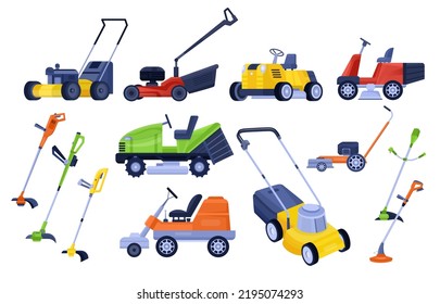 Lawnmower machine. Garden machines mowing lawn leaves, trimmer grass cutter electrics engine riding lawnmowers gardening care landscaping tractor mower vector illustration of equipment lawnmower