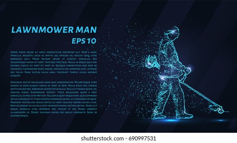 The lawnmower man is composed of pixels. Particles in the form of the lawnmower man on a dark background. Vector illustration
