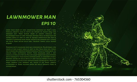 The lawnmower man is composed of pixels. Particles in the form of the lawnmower man on a dark background. Vector illustration.