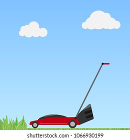 The lawnmower mows the grass. A lawnmower on a blue sky background mows green grass. Flat design, vector illustration, vector.