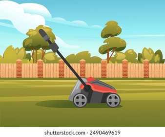 Lawnmower on a flat green lawn, with a wooden and brick fence in the background. Clear blue sky with green forest on landscape. Gardening tool vector illustration