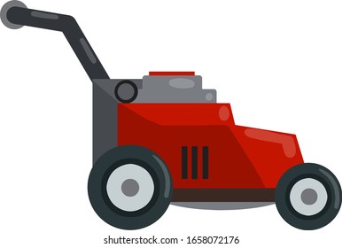 Lawnmower. Red trimmer with a Gasoline engine. Element for mowing and caring for the lawn and grass. Modern model. Gardening machine. Flat illustration