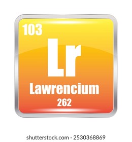 Ícone Lawrencium. Lr elemento químico. Número atômico 103. Massa 262. Quadrado laranja brilhante. 