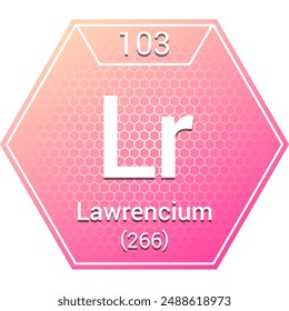 Lawrencium (Lr) (103) Actinide - Elemento Químico Fundamental, Tabla Periódica en Química Símbolo, Nombre, Masa Atómica, Número, Química Hexágono Logo Logo Diseño, Fondo blanco