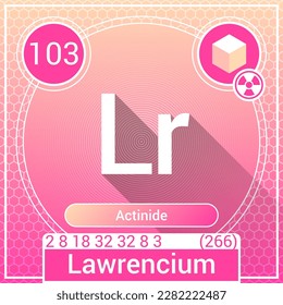 Lawrencium (Lr) Element - Actinide - Periodic Table, Chemical Symbol, Name, Atomic Weight, Atomic Number, Electron Shells, Classification, Phase at STP - Chemistry Logo Icon Design