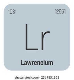 Lawrencium, Lr, periodic table element with name, symbol, atomic number and weight. Synthetic radioactive element with potential uses in scientific research and nuclear power.