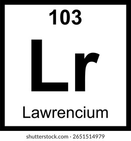 Ladrilho da tabela periódica de elementos Lawrencium (Lr). Ícone com número atômico 103. Elemento radioativo sintético, o último da série de actinídeos.