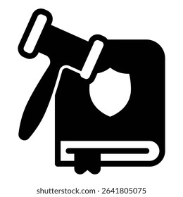 Laws book with emblem and gavel solid icon, family lawyer concept. Vector graphics. Judge hammer and human rights book sign on white background, style mobile or design