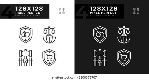 Laws protecting citizens rights pixel perfect linear icons set for dark, light mode. Legal rules of society. Court. Thin line symbols for night, day theme. Isolated illustrations. Editable stroke