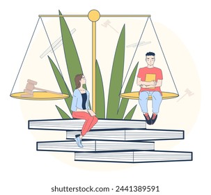 Leyes con escalas lineales. Hombre y mujer sentados en libros cerca de pesas. Jurisprudencia y apoyo jurídico. Autoridad de los abogados. Doodle ilustración vectorial plana aislada sobre fondo blanco