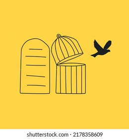 Laws that Liberate. The ten commandments illustrated as tablets, a cage and a bird flying free.