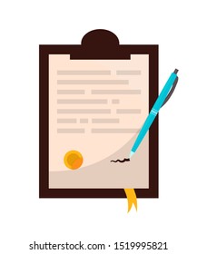 Lawsuit, contract flat vector illustration. Legal document, official statement with stamp and signature. Paperwork, bureaucracy, corporate documentation symbol. Business agreement, clipboard with pen