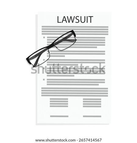 Lawsuit document and glasses, isolated on white background. Lawyer office procedure concept. Vector illustration