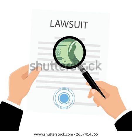 Lawsuit document and magnifier showing a dollar sign, isolated on white background. Lawyer office procedure concept. Vector illustration