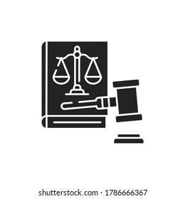 Lawsuit glyph black icon. Judiciary concept. Gavel, scales of justice on book element. Sign for web page, mobile app, button, logo. Vector isolated button.