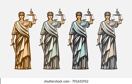 Lawsuit, judge symbol. Lady justice, judgment, defence, justitia concept. Vintage vector illustration