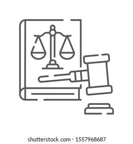 Lawsuit line black icon. Judiciary concept. Gavel, scales of justice on book element. Sign for web page, mobile app, button, logo. Vector isolated button. Editable stroke.