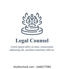 Lawyer or advocate firm, law services, legal councilor, court procedure, vector line icon