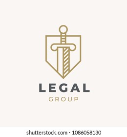 Lawyer Advocate Logo design vector template Linear style. Law firm line trend logotype icon vector design. Universal legal, advocate, lawyer, scales sword shield justice idea creative premium symbol.