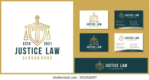 Lawyer Attorney Advocate Logo design vector template Linear style. Shield Sword Law Legal firm Security company logotype. Protect defense concept icon.
