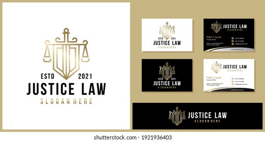 Lawyer Attorney Advocate Logo design vector template Linear style. Shield Sword Law Legal firm Security company logotype. Protect defense concept icon.
