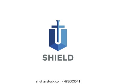 Lawyer Attorney Advocate Logo design vector template.
Shield Sword Law Legal firm Security company logotype concept icon.