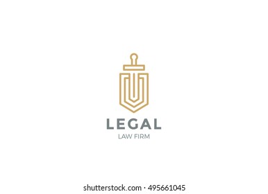 Lawyer Attorney Advocate Logo design vector template Linear style.
Shield Sword Law Legal firm Security company logotype. Protect defense concept icon.