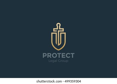 Lawyer Attorney Advocate Logo design vector template Linear style.
Shield Sword Law Legal firm Security company logotype. Protect defense concept icon.