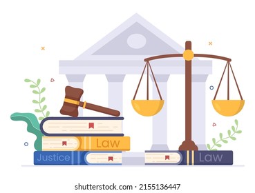 Lawyer, Attorney and Justice with Laws, Scales, Buildings, Book or Wooden Judge Hammer to Consultant in Flat Cartoon Illustration