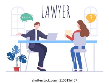 Lawyer, Attorney and Justice with Laws, Scales, Buildings, Book or Wooden Judge Hammer to Consultant in Flat Cartoon Illustration