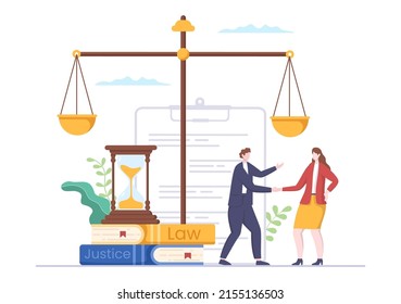 Lawyer, Attorney and Justice with Laws, Scales, Buildings, Book or Wooden Judge Hammer to Consultant in Flat Cartoon Illustration