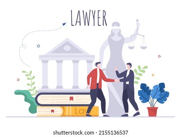 Lawyer, Attorney and Justice with Laws, Scales, Buildings, Book or Wooden Judge Hammer to Consultant in Flat Cartoon Illustration