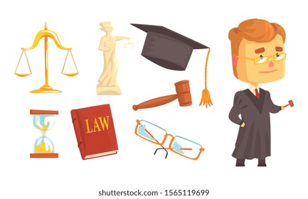 Lawyer Attributes and Judge Wearing Gown Vector Set