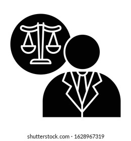 Lawyer black glyph icon. Attorney. Advocate. Legal representative. Courthouse. Legislature, law enforcement. Justice. Legal assistance. Silhouette symbol on white space. Vector isolated illustration