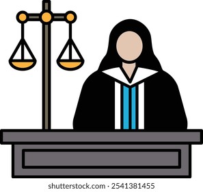 A lawyer in a black robe stands in front of a scale of justice