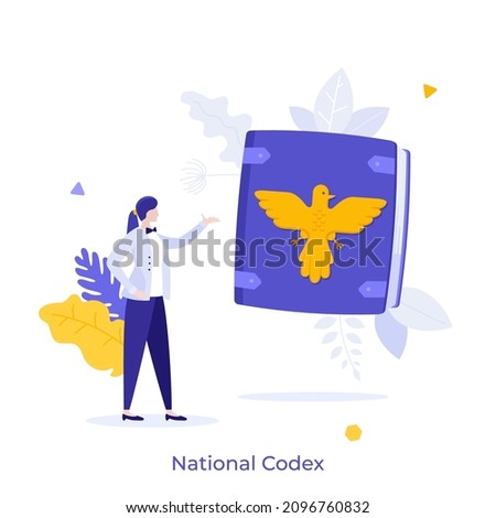 Lawyer and book with eagle symbol on cover. Concept of legal code, codification of law, national legislation, official state regulations. Modern flat colorful vector illustration for banner, poster.