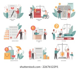 Lawyer cartoon icons set with legal services symbols isolated vector illustration