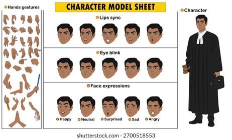 Lawyer Character Constructor Kit. Customizable Legal Character Model Sheet in Formal Court Attire.
