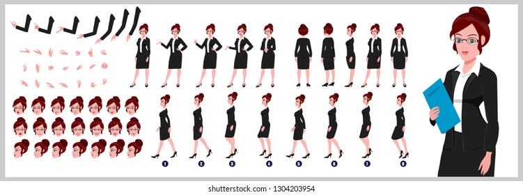 Lawyer Character Model Sheet With Walk Cycle Animation. People Character Design. Front, Side, Back View Animated Character. Character Creation Set With Various Views, Face Emotions,poses And Gestures.
