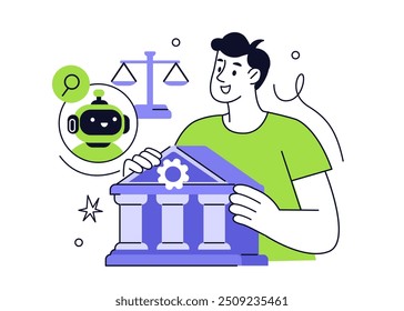 Personagem de advogado usar assistente de ajuda para fornecer aconselhamento jurídico. Tecnologia de inteligência artificial em direito e conceito de justiça. Ilustração vetorial.