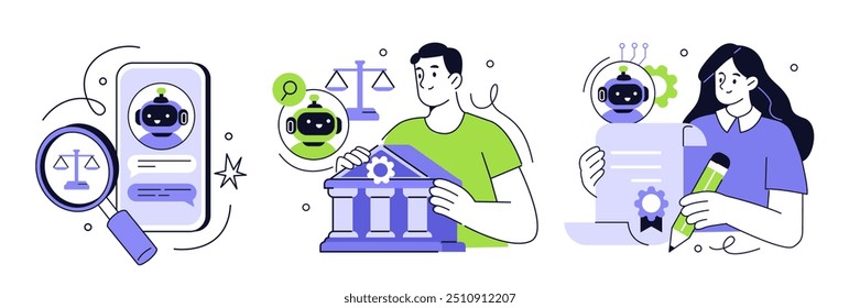 Los personajes de los abogados usan un asistente aéreo, un robot para proporcionar asesoramiento legal. Tecnología de inteligencia artificial en derecho, justicia, impuestos, finanzas. Ilustración vectorial.