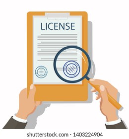 Lawyer Checking Legal Document Flat Illustration. License, Official Permission. Personal Property Protection. Cartoon Attorney Holding Magnifier, Reading Certificate. Civil, Common, Financial Law