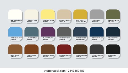 Paleta de cores do advogado, Paleta do guia de cores do advogado com nomes de cores. Catálogo Amostras Advogado com códigos RGB HEX e Nomes. paleta de cores genuínas agradável e limpo, Moda Tendência Royal Color Palette Vetor
