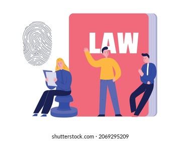 Lawyer composition with doodle style human characters and images of book and fingerprint vector illustration