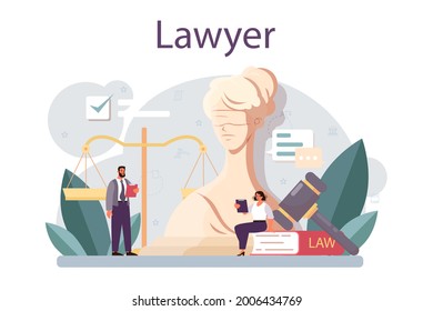 Lawyer concept. Law advisor or consultant, advocate defending a customer at the trial. Punishment and judgement idea. Settling document creation. Vector flat illustration