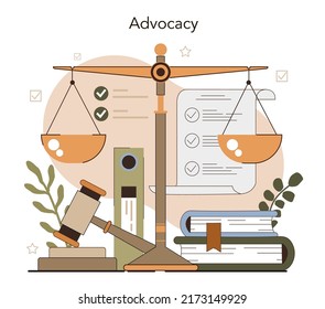 Lawyer concept. Law advisor or consultant, advocate defending a customer at the proceeding. Punishment and judgement idea. Vector flat illustration