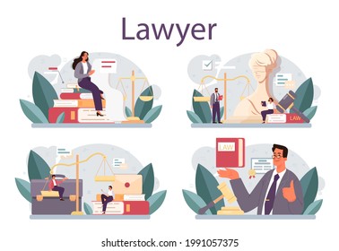 Lawyer concept set. Law advisor or consultant, advocate defending a customer at the trial. Punishment and judgement idea. Settling document creation. Vector flat illustration